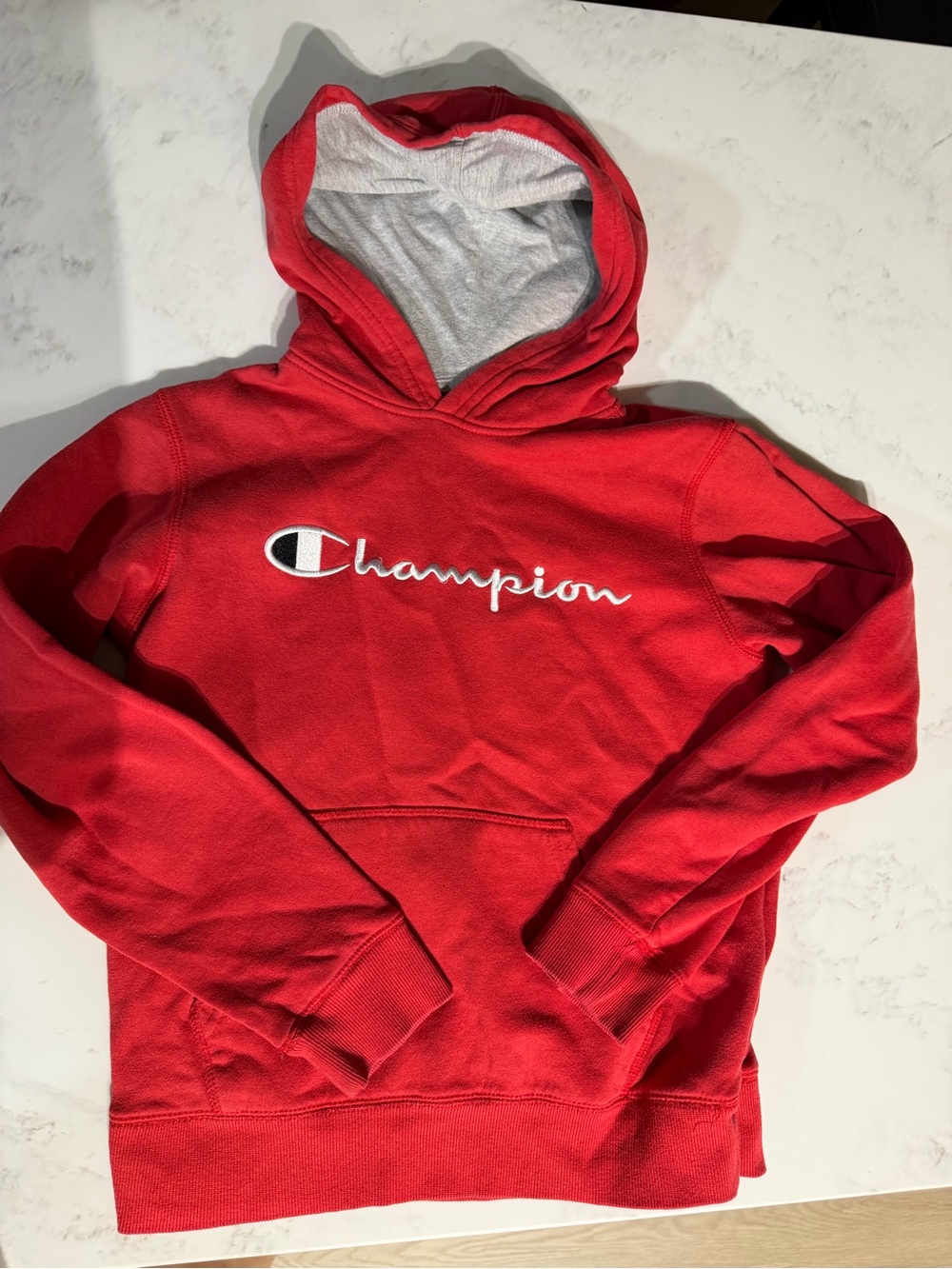 Champion Red Hooded Pullover with Script Logo